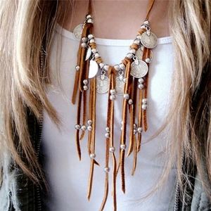 Free People Boho Beaded Dangling Coin & Sueded Leather Fringe Necklace